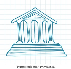 Blue Pen Sketch Of A Bank Building On A School Checkered Piece Of Paper. Vector Illustration In Doodle Style