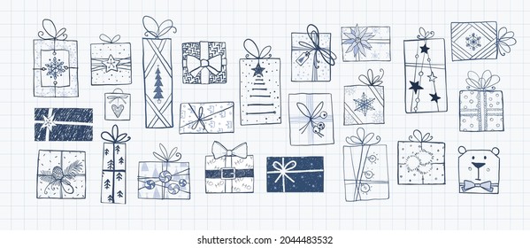 Blue pen sketch of christmas gift boxex on lined paper background.