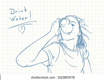 Blue pen sketch on square grid notebook background of teenage girl drinking water from cup and text Drink Water, Hand drawn vector illustration