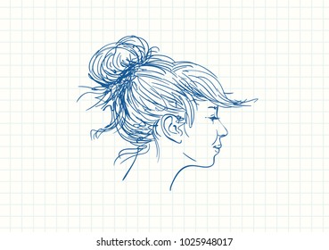Esbozo de plumas azules en la página cuadrada de cuaderno, Hermoso retrato adolescente con el pelo largo atado en un bollo elegante, ilustración lineal vectorial dibujada a mano