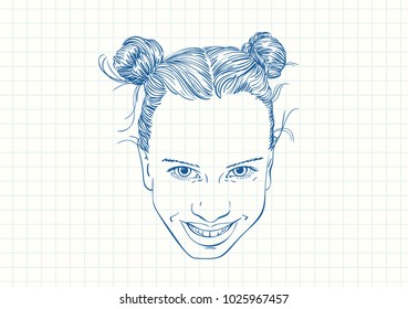 Blue pen sketch on square grid notebook page, Beautiful smiling teenage girl's head with two buns hairstyle, Hand drawn vector illustration