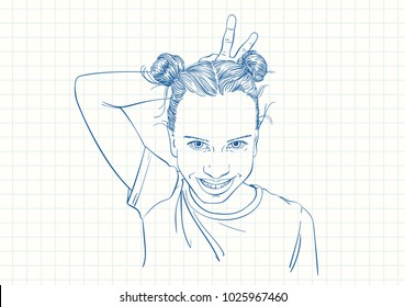 Blue pen sketch on square grid notebook page, Funny teenage girl with two buns hairstyle making horns gesture behind her head with her fingers, Hand drawn vector linear illustration