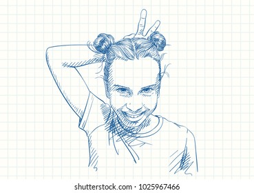 Blue pen sketch on square grid notebook page, Funny teenage girl with two buns hairstyle making horns gesture behind her head with her fingers, Hand drawn vector illustration