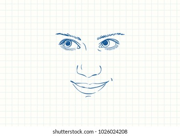 Blue pen sketch on square grid notebook page, Smiling teenage girl face with eyes looking up right, Hand drawn vector illustration