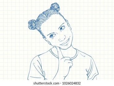 Blue pen sketch on square grid notebook page, Dreaming teenage girl with two buns hairstyle and index finger touching cheek, Hand drawn vector linear illustration
