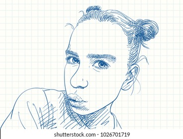 Blue pen sketch on square grid notebook page, Selfie portrait of teenage girl with two buns hairstyle, thick natural eyebrows and lips making kiss, Hand drawn vector illustration