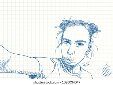 Blue pen sketch on square grid notebook page, Selfie portrait of teenage girl with two buns hairstyle, thick natural eyebrows and lips making kiss, Hand drawn vector illustration