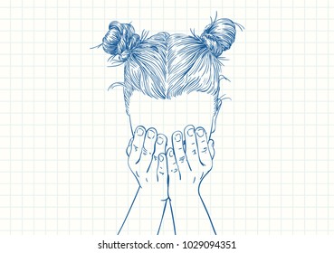 Blue pen sketch on square grid notebook page, Teenage girl with two buns hairstyle covered her face with her palms, Hand drawn vector illustration