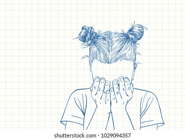 Esbozo de plumas azules en la página cuadrada de cuaderno, adolescente con dos bollos de peinado cubrió su cara con las palmas, ilustración de vector dibujada por la mano