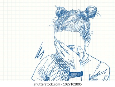 Blue pen sketch on square grid notebook page, Teenage girl with two buns hairstyle covered her face with her palm, Hand drawn vector linear illustration