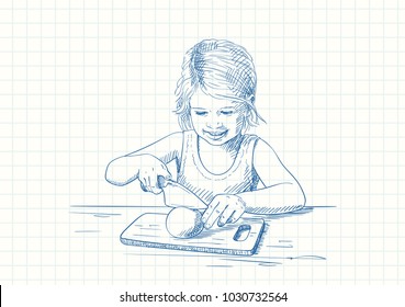 Blue pen sketch on square grid notebook page, Smiling child girl cutting fruit on chopping board, Hand drawn vector illustration