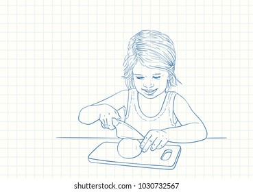 Blue pen sketch on square grid notebook page, Smiling child girl cutting fruit on chopping board, Hand drawn vector linear illustration