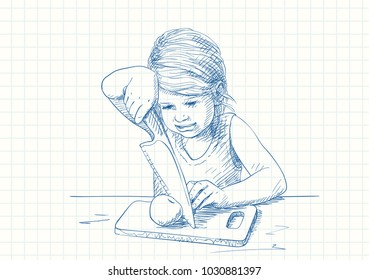 Blue pen sketch on square grid notebook page, Child girl cutting fruit careful with tension on chopping board, Hand drawn vector illustration