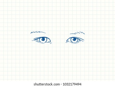 Blue pen sketch on square grid notebook page, Pretty child's eyes and eyebrows, Hand drawn vector illustration