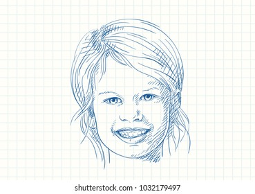 Blue pen sketch on square grid notebook page, Smiling little girl face, Hand drawn vector illustration