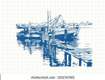 Blue pen sketch on square grid notebook page, Fishing boats moored near wooden bridge in Southeast Asia, Cambodia, Hand drawn vector illustration