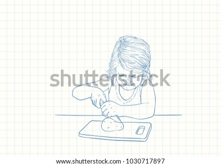 Blue pen sketch on square grid notebook page, Child girl very hard pushing on knife when cutting potato on chopping board, Hand drawn vector linear illustration