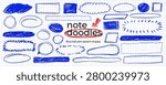 Blue pen text boxes, circles and doodle shapes collection. Crayon or pen doodle bubble highlights, pencil texture, line frame clipart for notes and emphasize text. Hand drawn vector speech bubbles.