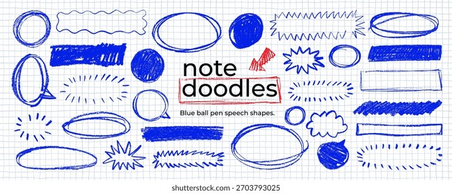 Colección de cuadros de texto y Formas de lápiz azul. Ovalos de bolígrafo azul, rectángulos y garabatos de explosión estelar en fondo de cuaderno de cuadrícula. Crayon dibujó burbujas de discurso de notas y Formas para texto.