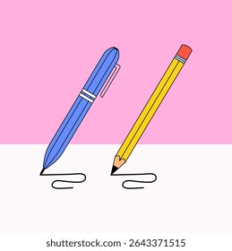 Blue pen and yellow pencil writing on a surface with a pink and white background. Perfect for education, school, or office-related content in cartoon illustration vector