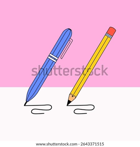 Blue pen and yellow pencil writing on a surface with a pink and white background. Perfect for education, school, or office-related content in cartoon illustration vector
