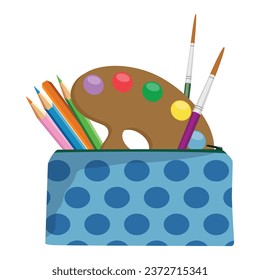 Blue pencil case with stationery on white background