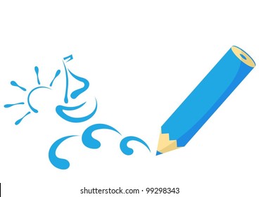 blue pencil drawing boat and waves