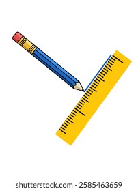 Blue Pencil drawing a Line from a Ruler. Vector graphic editable illustration. Engineering and geometry. Cartoon image.