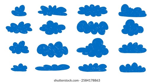 Dibujos a lápiz azul de nubes mullidas. Nubes en estilo dibujado a mano con efecto grunge. Abstractas dibujos animados e iconos de nube esponjosa.