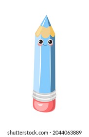 Blue pencil with an eraser. Cheerful cute cartoon character. The object is isolated on a white background. Good mood. Character with a smile. Stationery for drawing and creativity. Vector