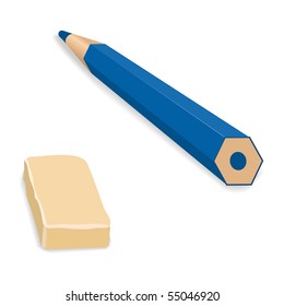 Blue pencil and an eraser rubber vector isolated on white