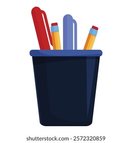 Blue pencil holder containing pens and pencils, perfect for keeping a desk tidy and organized
