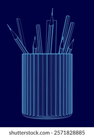 Blue pencil holder with pencils in it. The pencils are all different sizes and colors