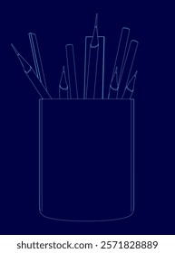 Blue pencil holder with pencils in it. The pencils are all different sizes and are arranged in a way that makes them look like they are ready to be used