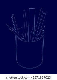 Blue pencil holder with pencils in it. The pencils are all different sizes and are arranged in a way that they are all facing the same direction