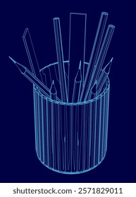 Blue pencil holder with pencils and pens inside. The pencils are lined up in a row, with the pens in the middle. The pencils are of different sizes and colors, and the pens