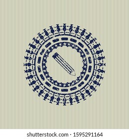 Blue pencil icon inside distressed grunge seal