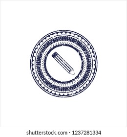 Blue pencil icon inside rubber grunge stamp