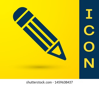 Blue Pencil icon isolated on yellow background. Education sign. Drawing and educational tools. School office symbol.  Vector Illustration
