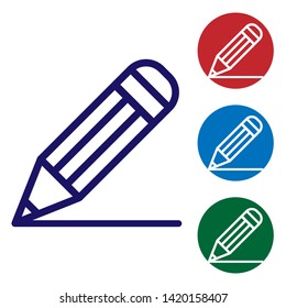 Blue Pencil and line icon isolated on white background. Education sign. Drawing and educational tools. School office symbol. Set color icon in circle buttons. Vector Illustration