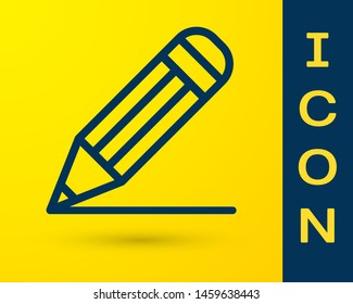 Blue Pencil and line icon isolated on yellow background. Education sign. Drawing and educational tools. School office symbol.  Vector Illustration