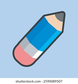 blue pencil with outline flat vector design.