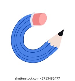 Lápiz azul con un borrador rosa y punta afilada que se curva en la forma de la letra c, simbolizando la creatividad, la educación y el pensamiento flexible en el diseño