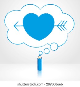 Blue Pencil with Reflection Drawing Cupid's Arrow through Heart Icon in Fluffy Cloud Shaped Think Bubble on Grey Background
