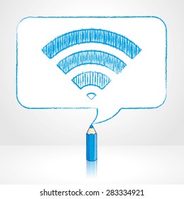 Blue Pencil with Reflection Drawing Digital WiFi Icon in Round Cornered Rectangular Speech Bubble on Pale Background