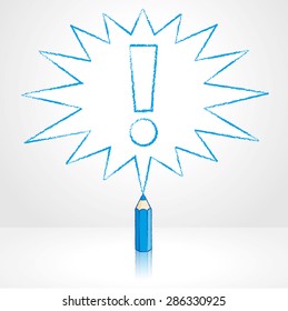 Blue Pencil with Reflection Drawing Exclamation Mark in Pointed Starburst Speech Bubble on Pale Grey Background