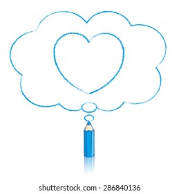 Blue Pencil with Reflection Drawing Heart Icon in Fluffy Cloud Shaped Think Bubble on White Background