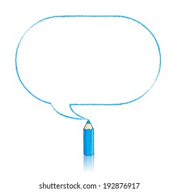 Blue Pencil with Reflection Drawing Oblong Speech Bubble on White Background