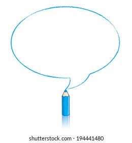 Blue Pencil with Reflection Drawing Oval Speech Bubble on White Background