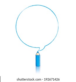 Blue Pencil with Reflection Drawing Round Speech Bubble on White Background